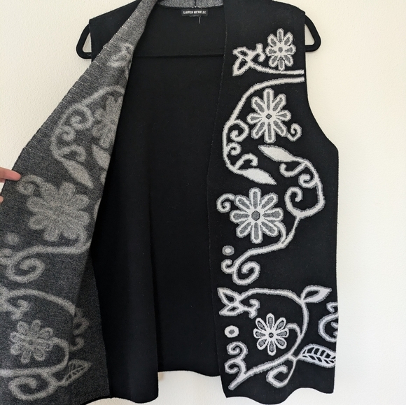 Lauren Michelle Black/White Floral Vest Cardigan sz L Minimalist Officewear - Picture 2 of 8
